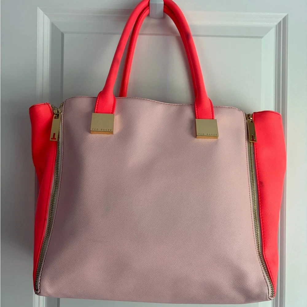 Ted Baker Pink and Neon Coral Saffiano Contrast Tote with Gold Hardware